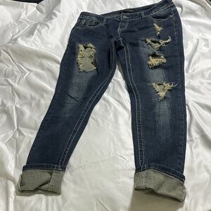 Casual Distressed Boyfriend Jeans in Dark Blue, stretch jeans.